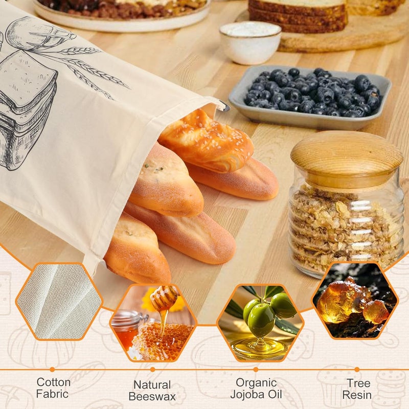 PICcircuit 2 PACK Beeswax Sourdough Bread Bags for Homemade Bread, Reusable Cotton Beeswax Bread Bag Portable Waxed Storage All Natural Bees Wax Linen Bag Keep Fresh,13''×17'', 01 - Image 2